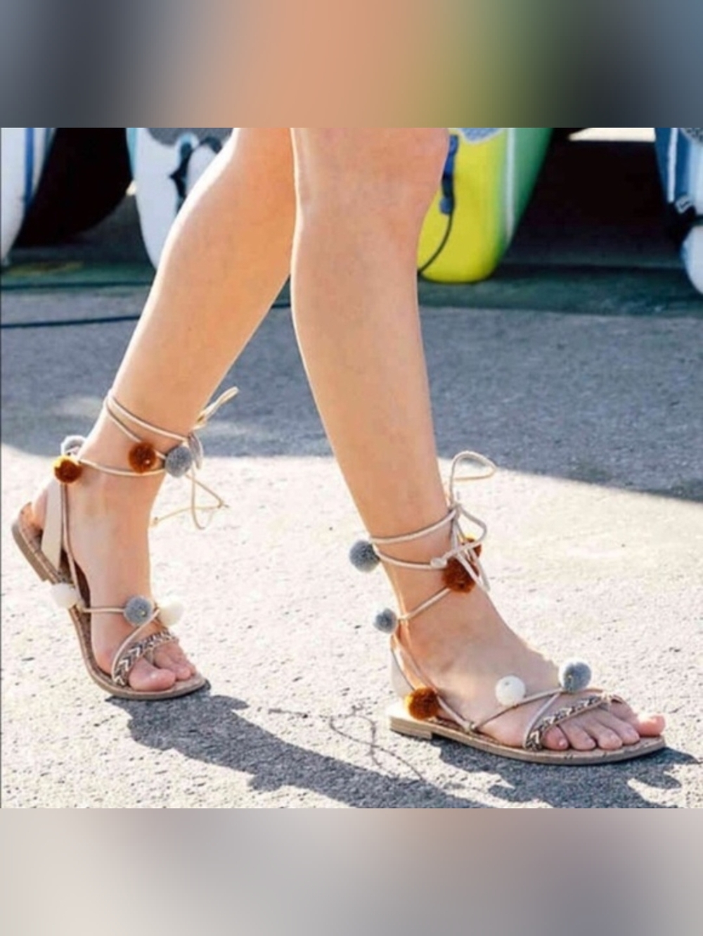 Circus by Sam Edelman Beige Lace-Up Pom Pom Sandals